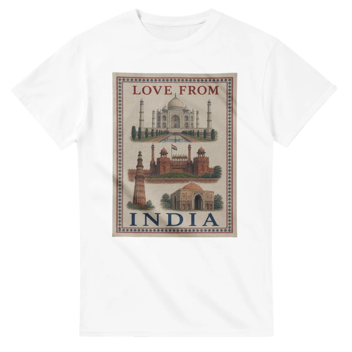 Framed scenic design for India, with several local views, a decorative border and LOVE FROM lettering.