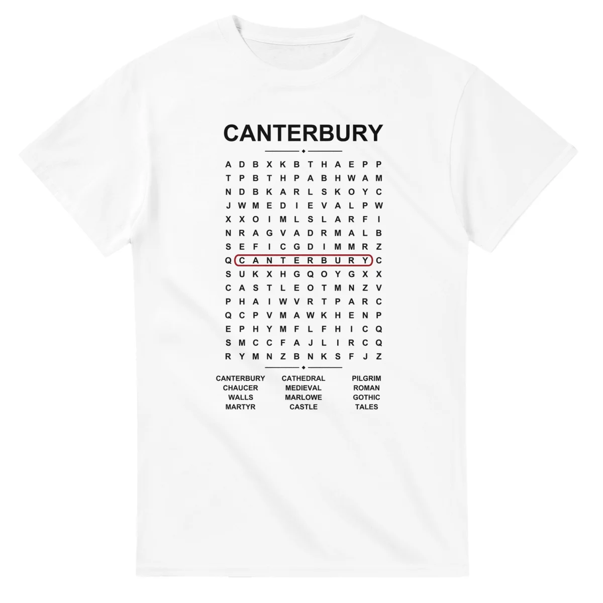Word-search sheet for Canterbury, with a large place-name heading, a letter grid, a local answer list, and a red highlighted example word.