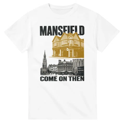 Two-colour scenic illustration for Mansfield, with the place name and COME ON THEN lettering.