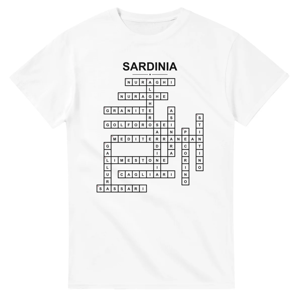 Monochrome crossword sheet for Sardinia, with a large place-name heading, a letter grid, and numbered across and down clues.