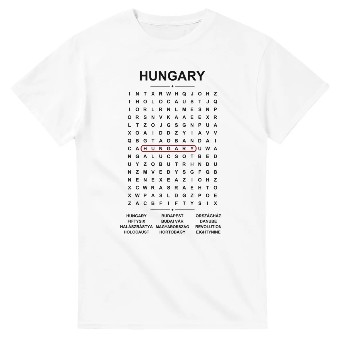 Word-search sheet for Hungary, with a large place-name heading, a letter grid, a local answer list, and a red highlighted example word.