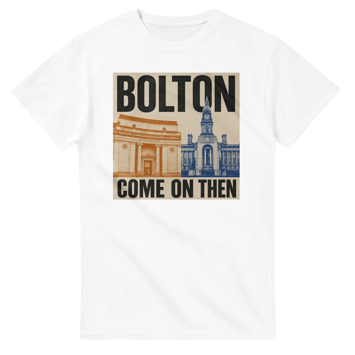 Two-colour scenic illustration for Bolton, with the place name and COME ON THEN lettering.