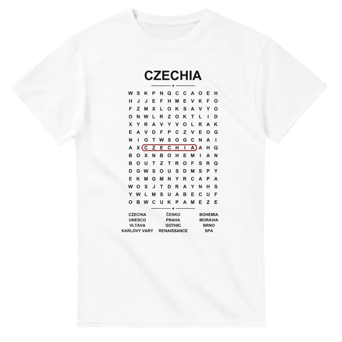 Word-search sheet for Czechia, with a large place-name heading, a letter grid, a local answer list, and a red highlighted example word.