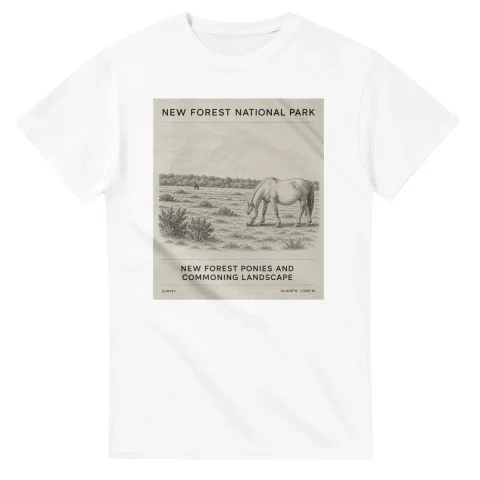 Fine-line engraving-style drawing for New Forest National Park, with a landmark caption and small coordinate text.