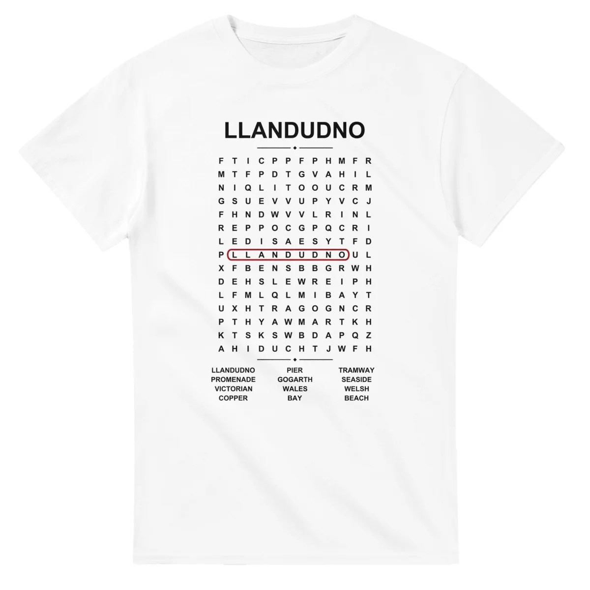 Word-search sheet for Llandudno, with a large place-name heading, a letter grid, a local answer list, and a red highlighted example word.