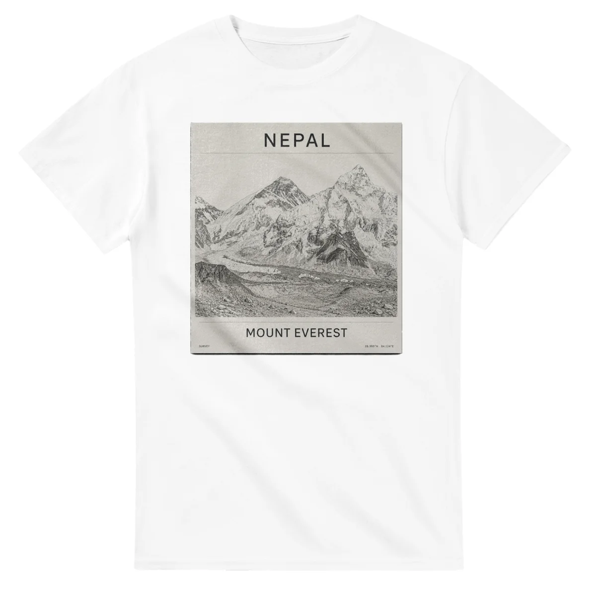 Fine-line engraving-style drawing for Nepal, with a landmark caption and small coordinate text.