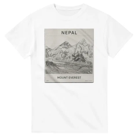Fine-line engraving-style drawing for Nepal, with a landmark caption and small coordinate text.