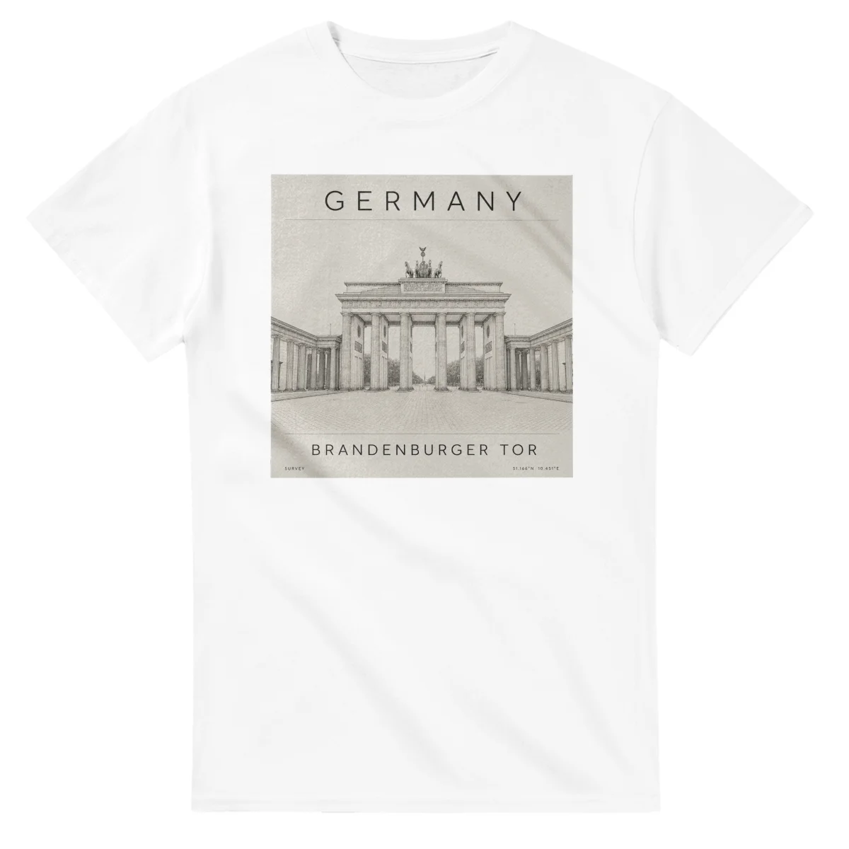 Fine-line engraving-style drawing for Germany, with a landmark caption and small coordinate text.