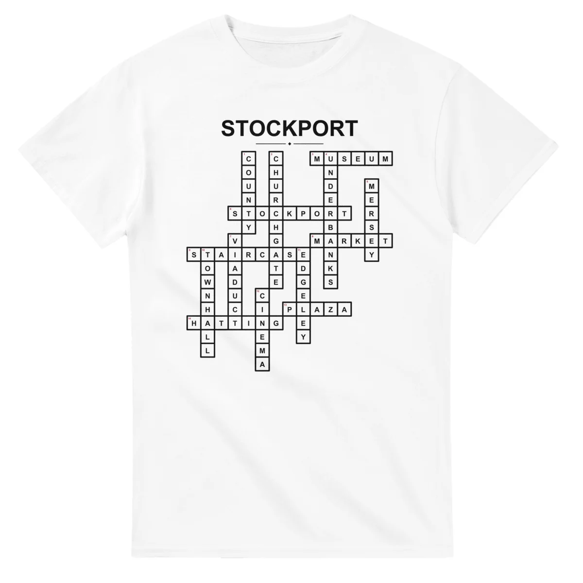 Monochrome crossword sheet for Stockport, with a large place-name heading, a letter grid, and numbered across and down clues.