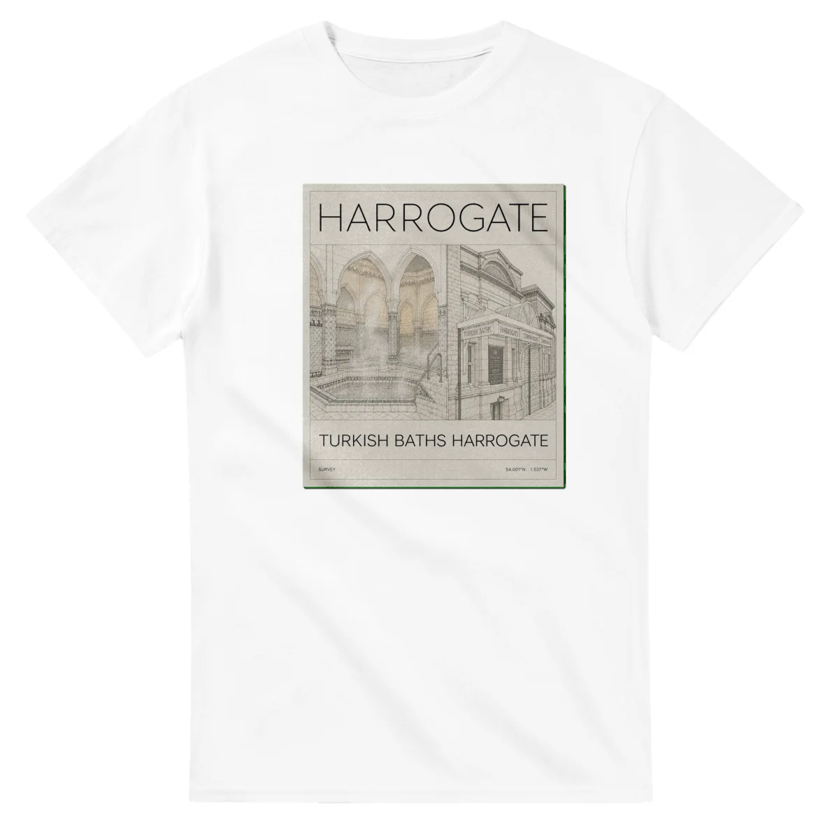 Fine-line scenic drawing for Harrogate with “TURKISH BATHS HARROGATE” caption and small coordinate text.