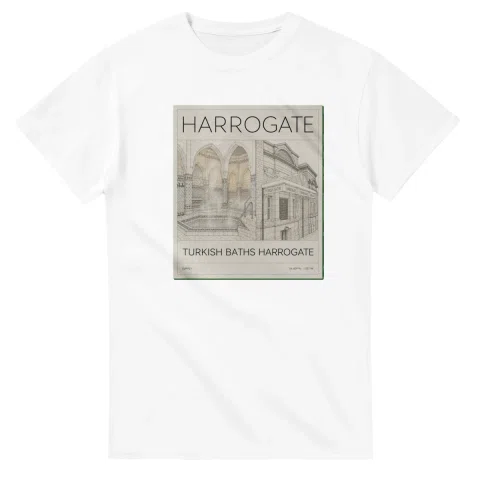 Fine-line scenic drawing for Harrogate with “TURKISH BATHS HARROGATE” caption and small coordinate text.
