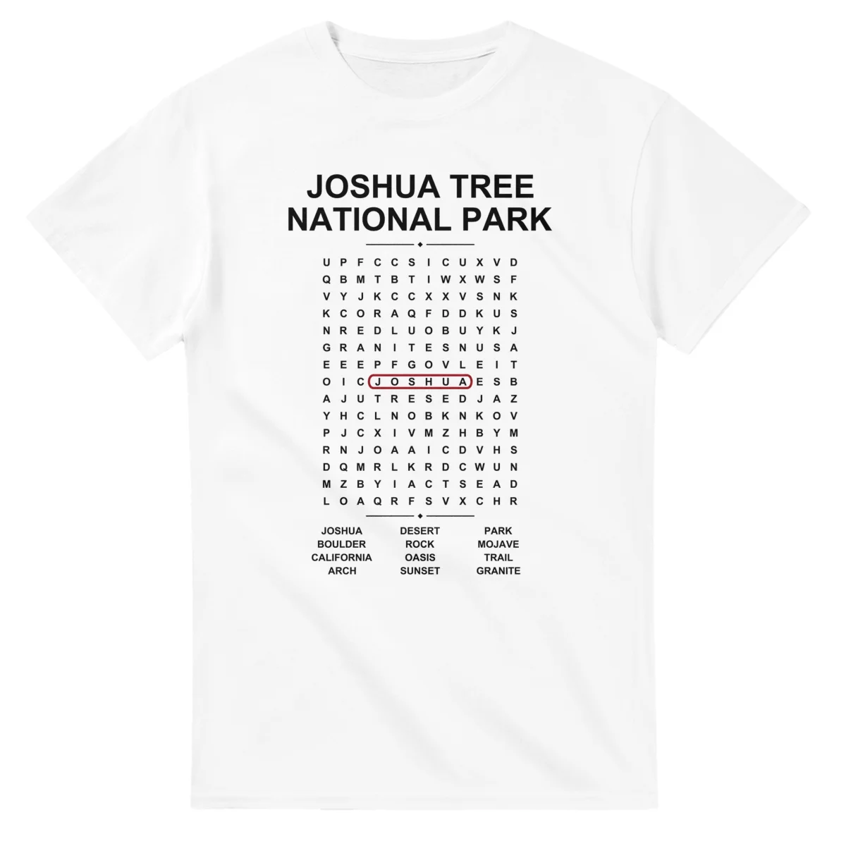 Word-search sheet for Joshua Tree National Park, with a large place-name heading, a letter grid, a local answer list, and a red highlighted example word.
