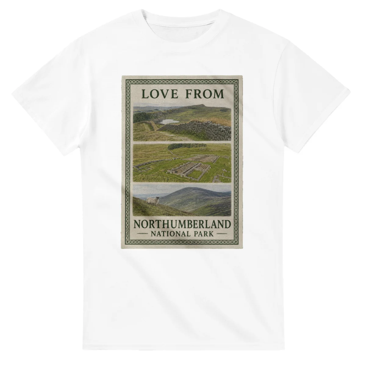 Framed scenic design for Northumberland National Park, with several local views, a decorative border and LOVE FROM lettering.