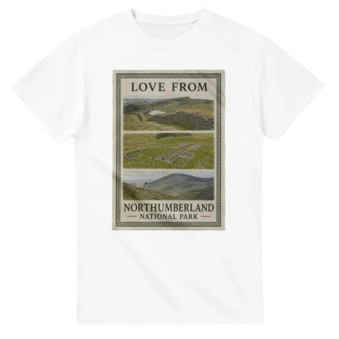 Framed scenic design for Northumberland National Park, with several local views, a decorative border and LOVE FROM lettering.