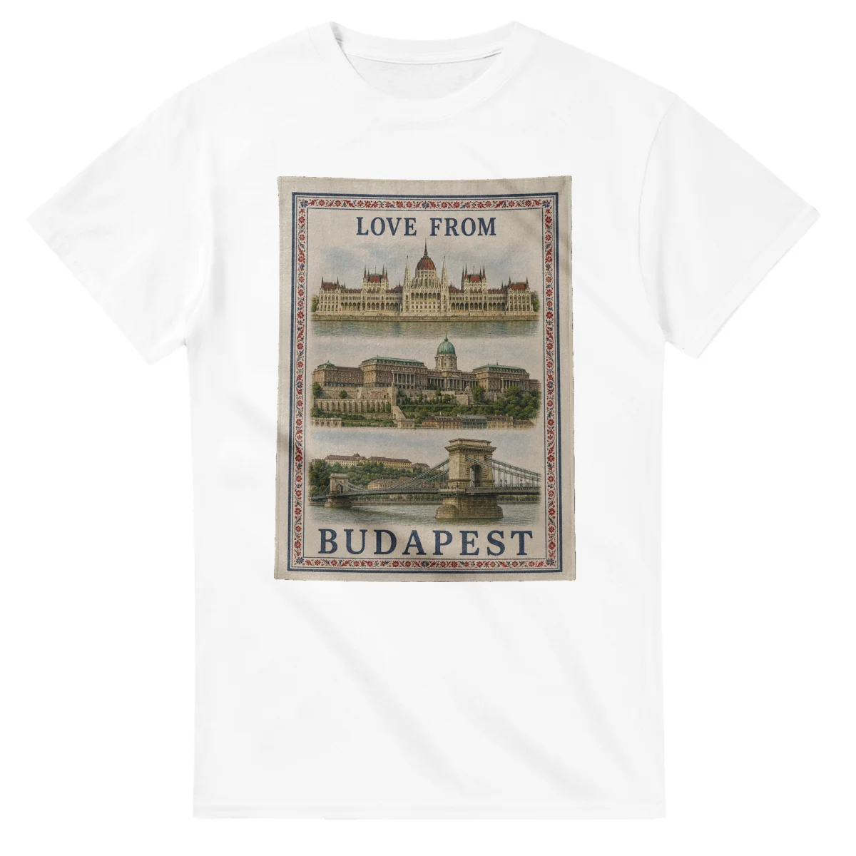 Framed scenic design for Budapest, with several local views, a decorative border and LOVE FROM lettering.