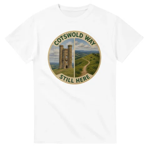 Painted, panelled scenic illustration for Cotswold Way, with paired local scenes and the place name in lettering.