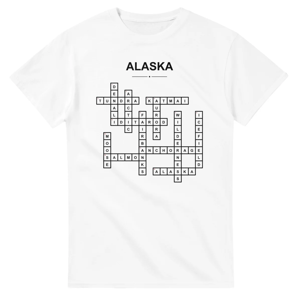 Monochrome crossword sheet for Alaska, with a large place-name heading, a letter grid, and numbered across and down clues.