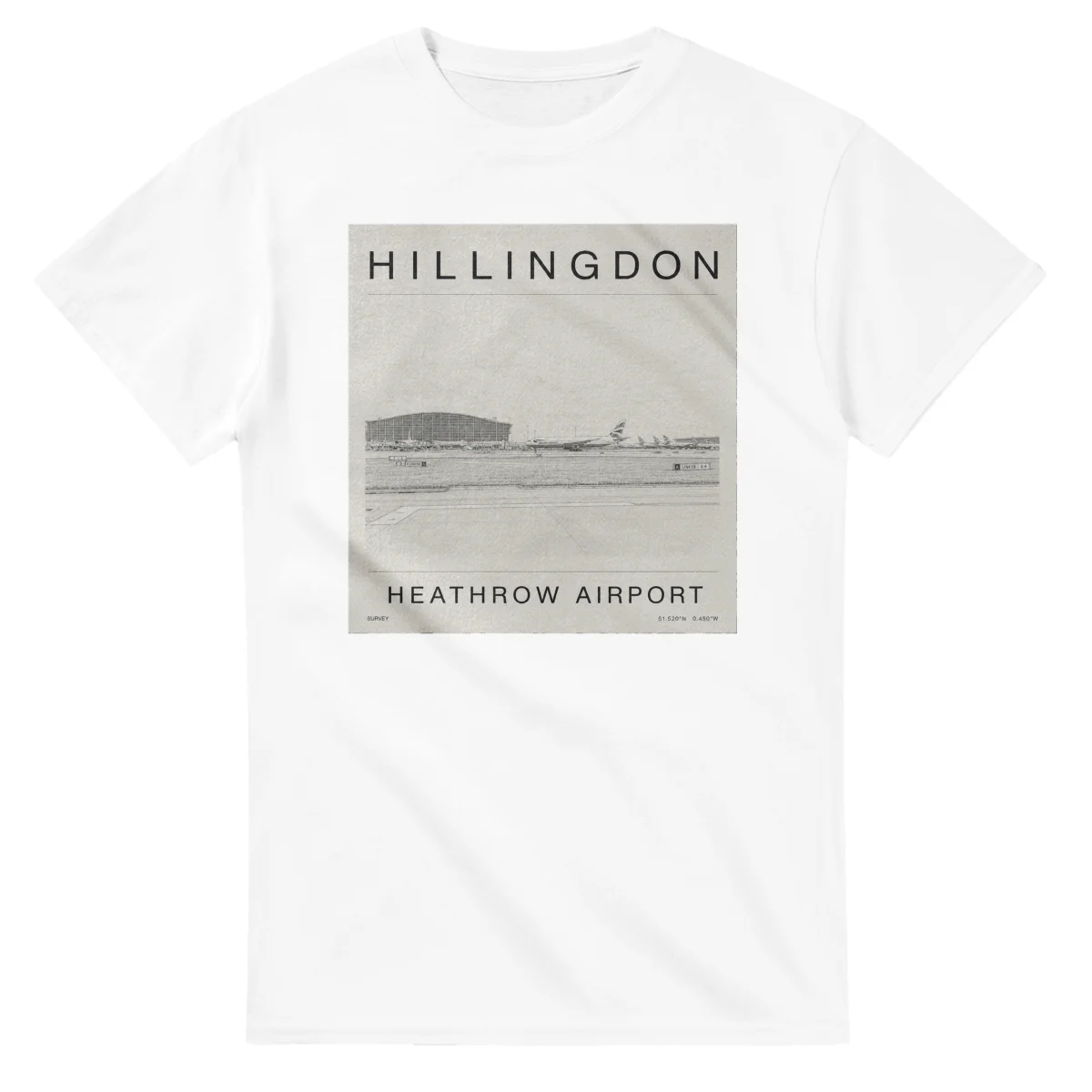Fine-line engraving-style drawing for London Borough of Hillingdon, with a landmark caption and small coordinate text.