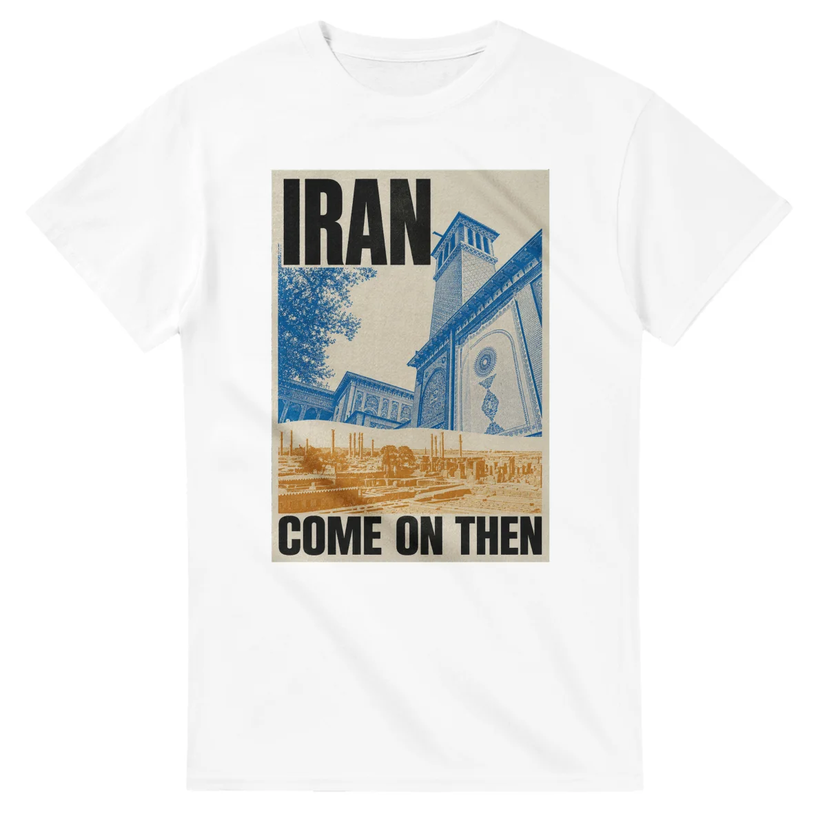 Two-colour scenic illustration for Iran, with the place name and COME ON THEN lettering.