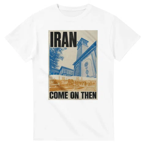 Two-colour scenic illustration for Iran, with the place name and COME ON THEN lettering.