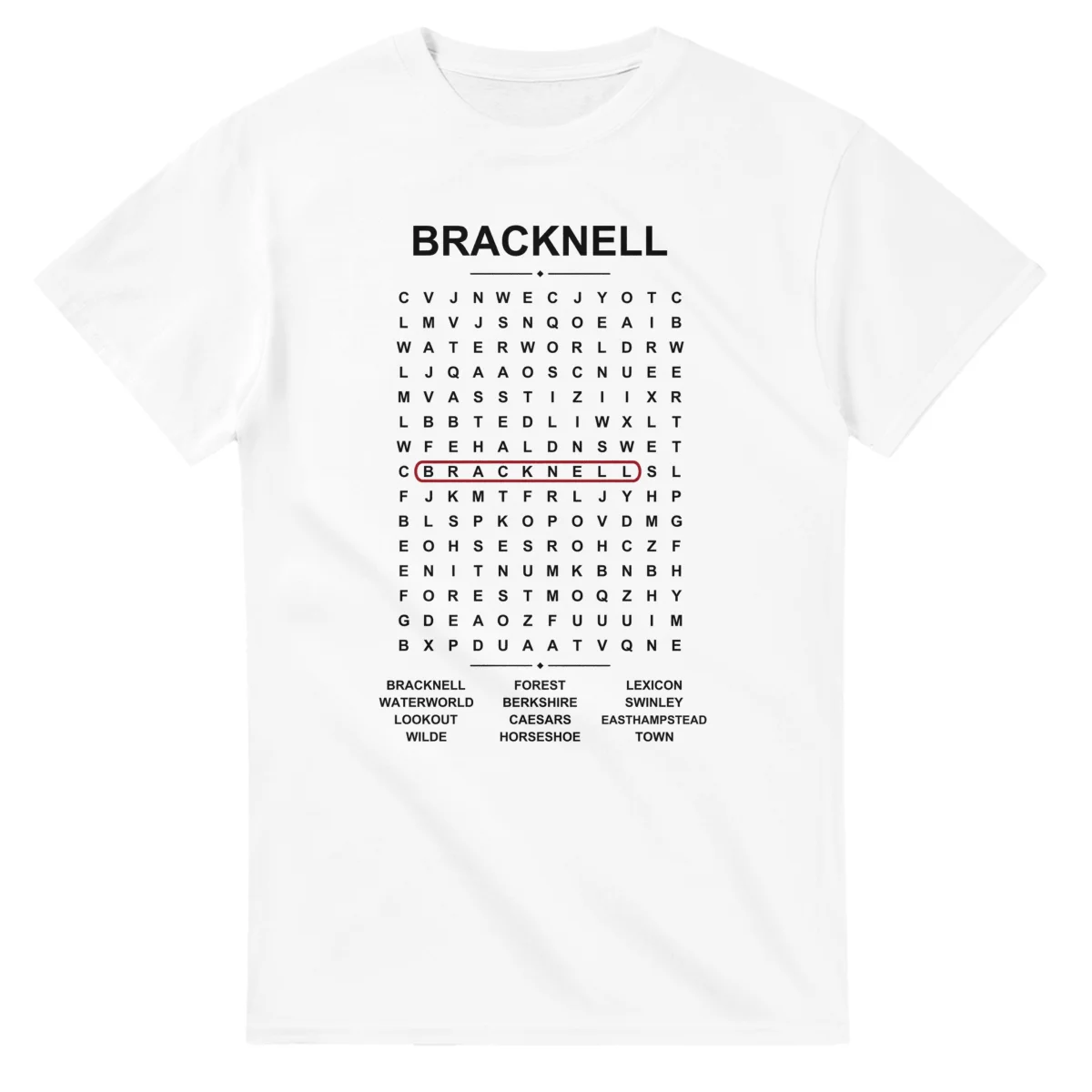 Word-search sheet for Bracknell, with a large place-name heading, a letter grid, a local answer list, and a red highlighted example word.