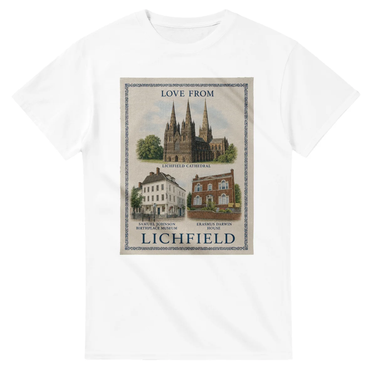 Framed scenic design for Lichfield, with several local views, a decorative border and LOVE FROM lettering.