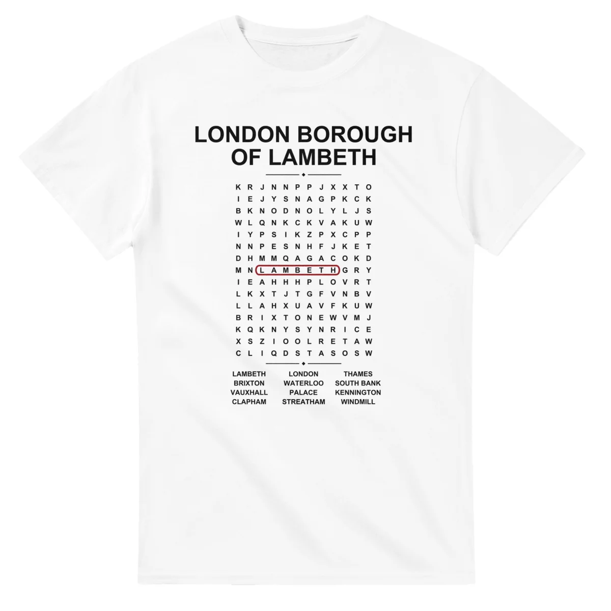 Word-search sheet for London Borough of Lambeth, with a large place-name heading, a letter grid, a local answer list, and a red highlighted example word.