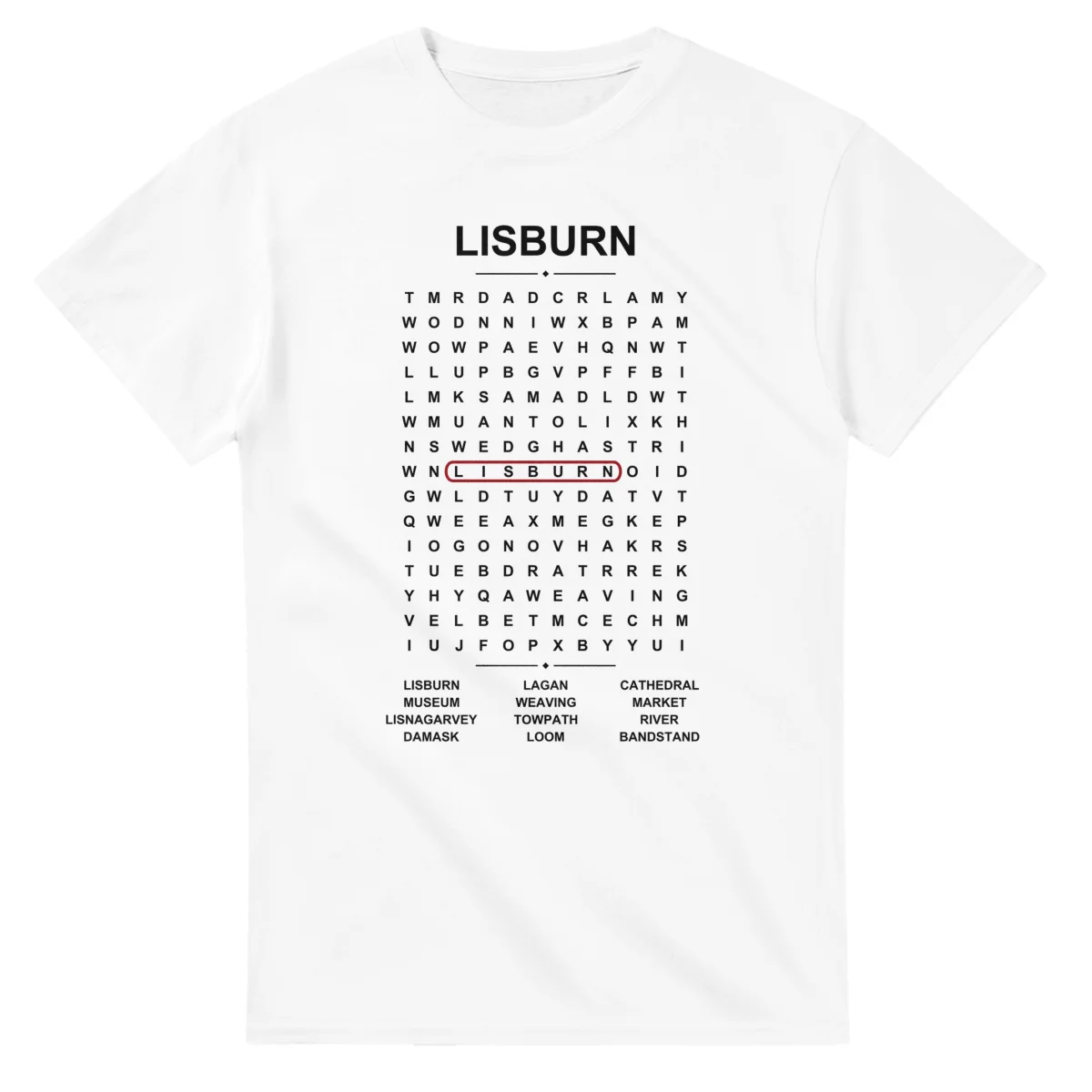 Word-search sheet for Lisburn, with a large place-name heading, a letter grid, a local answer list, and a red highlighted example word.
