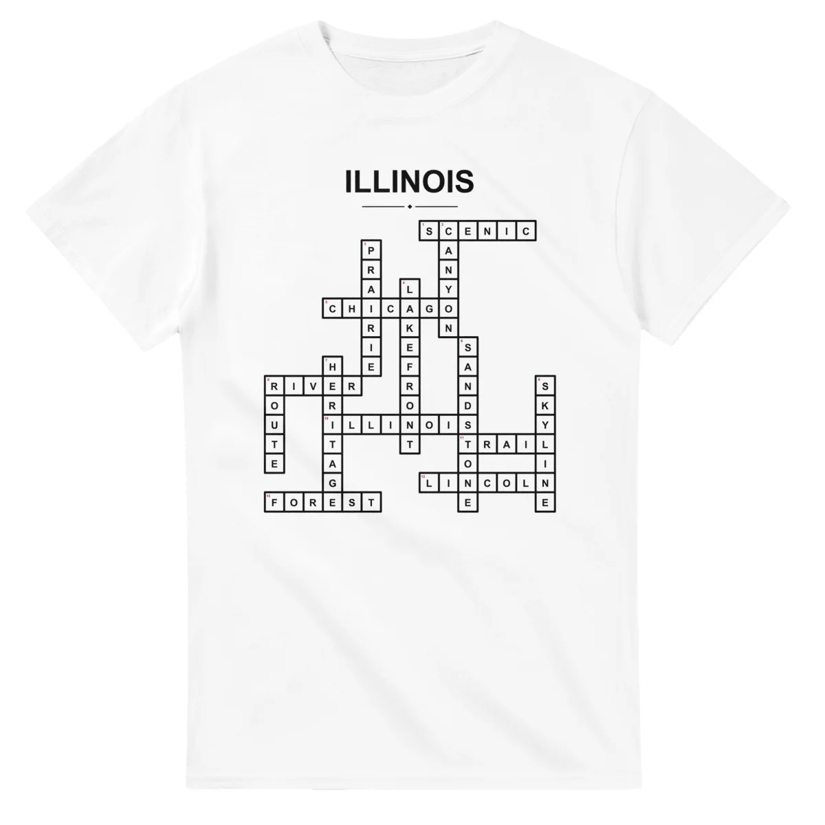 Monochrome crossword sheet for Illinois, with a large place-name heading, a letter grid, and numbered across and down clues.