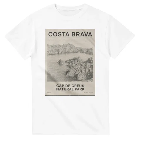 Fine-line engraving-style drawing for Costa Brava, with a landmark caption and small coordinate text.