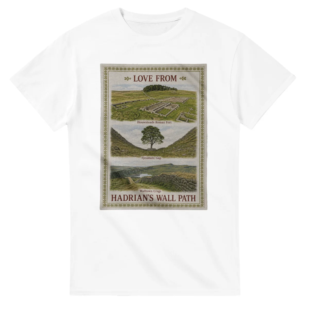 Framed scenic design for Hadrian's Wall Path, with several local views, a decorative border and LOVE FROM lettering.