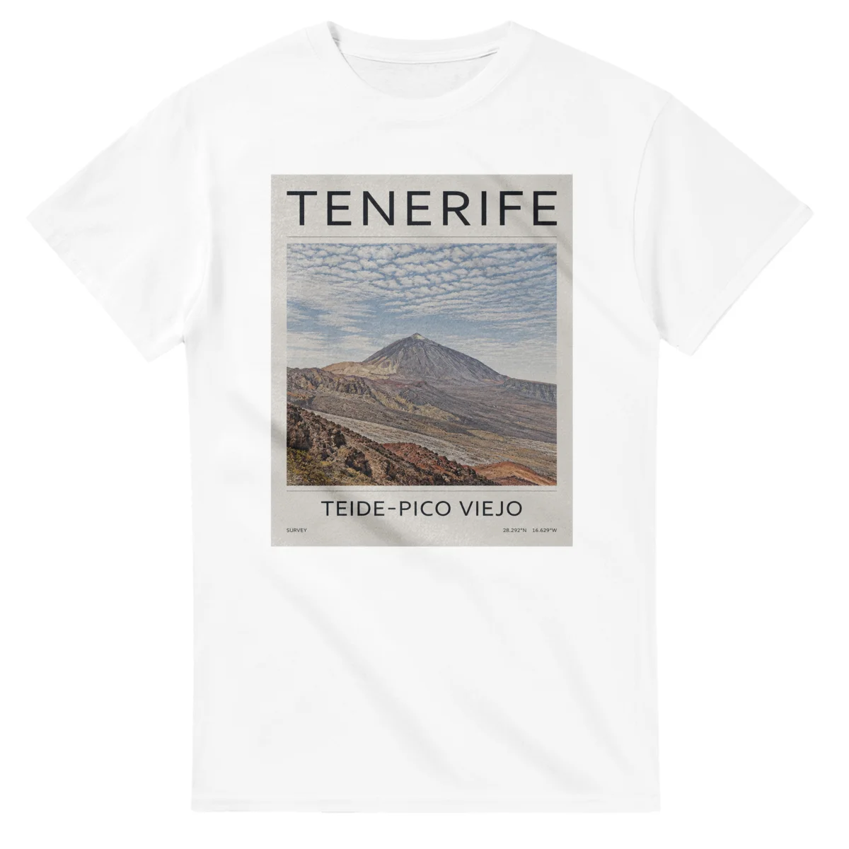 Fine-line engraving-style drawing for Tenerife, with a landmark caption and small coordinate text.