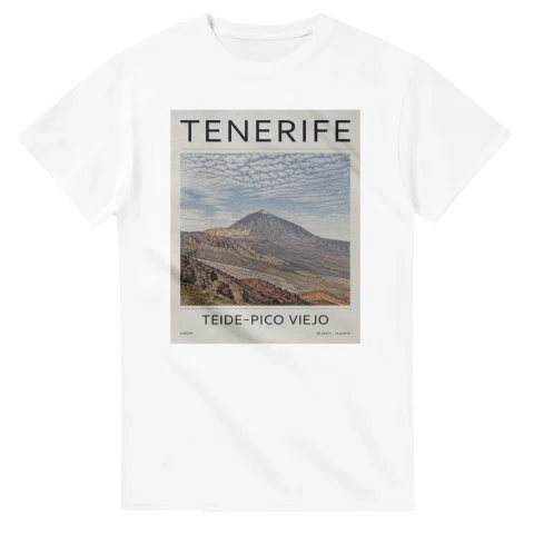 Fine-line engraving-style drawing for Tenerife, with a landmark caption and small coordinate text.