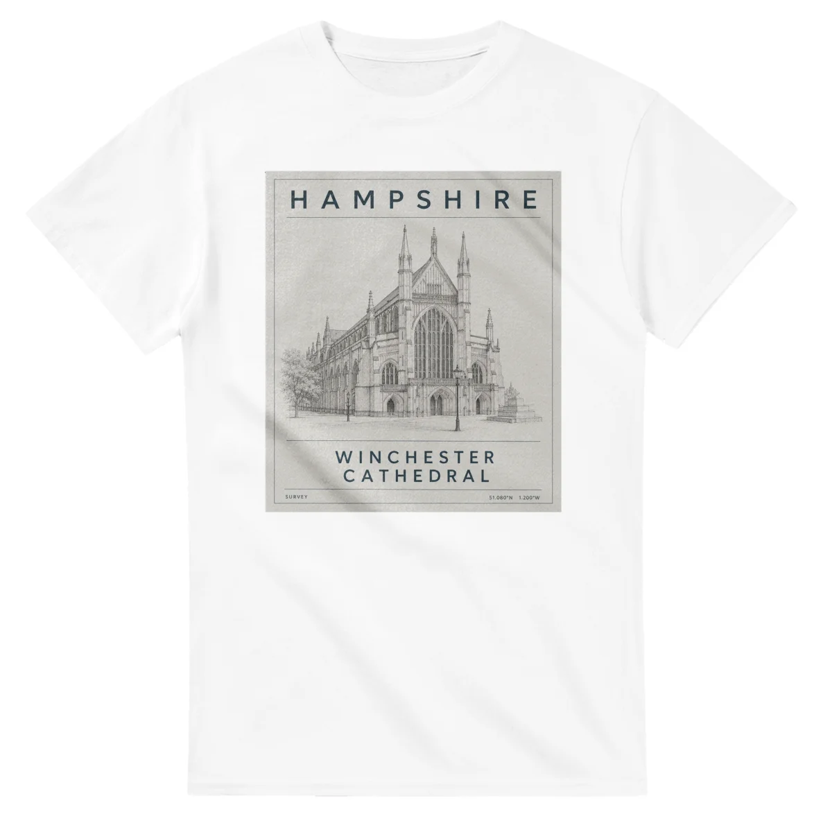 Fine-line engraving-style drawing for Hampshire, with a landmark caption and small coordinate text.