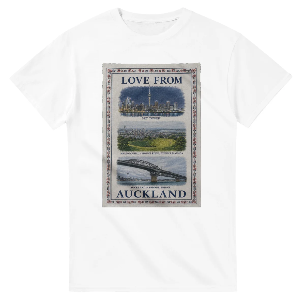 Framed scenic design for Auckland, with several local views, a decorative border and LOVE FROM lettering.