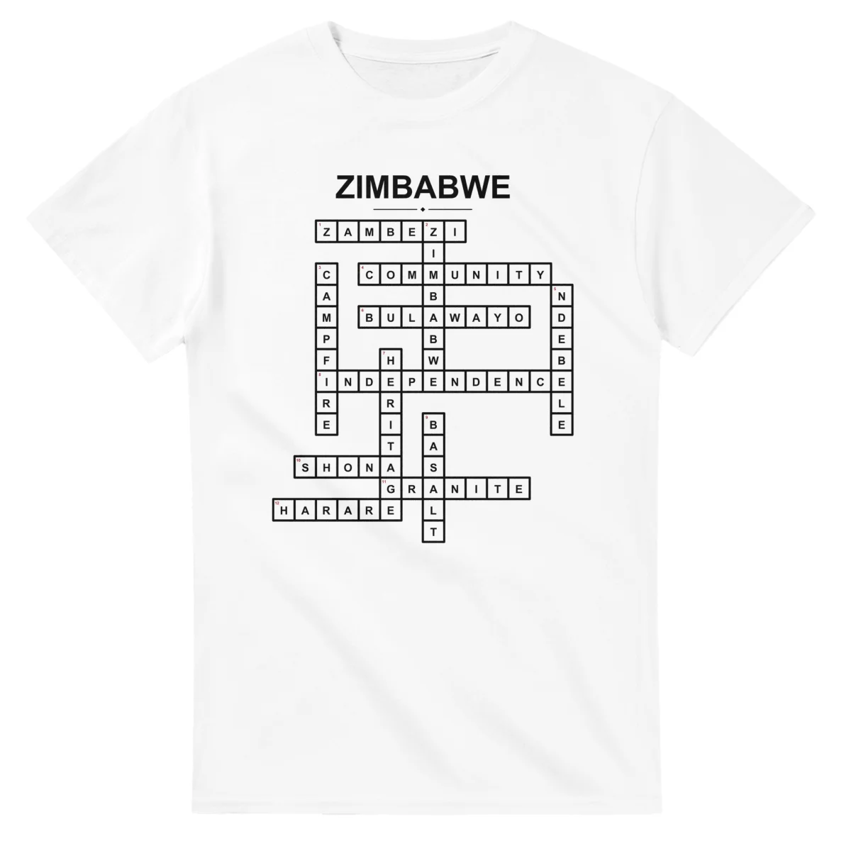 Monochrome crossword sheet for Zimbabwe, with a large place-name heading, a letter grid, and numbered across and down clues.