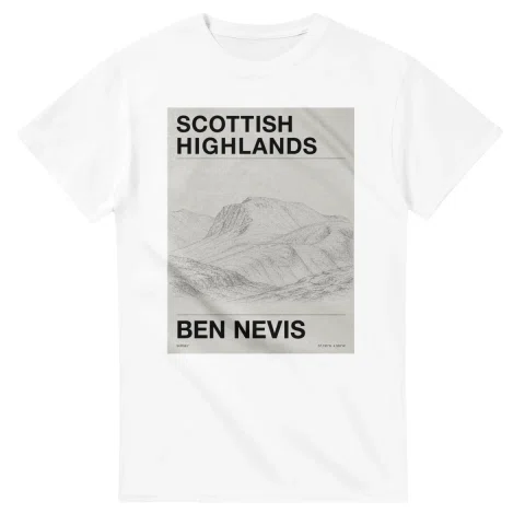 Fine-line engraving-style drawing for Scottish Highlands, with a landmark caption and small coordinate text.
