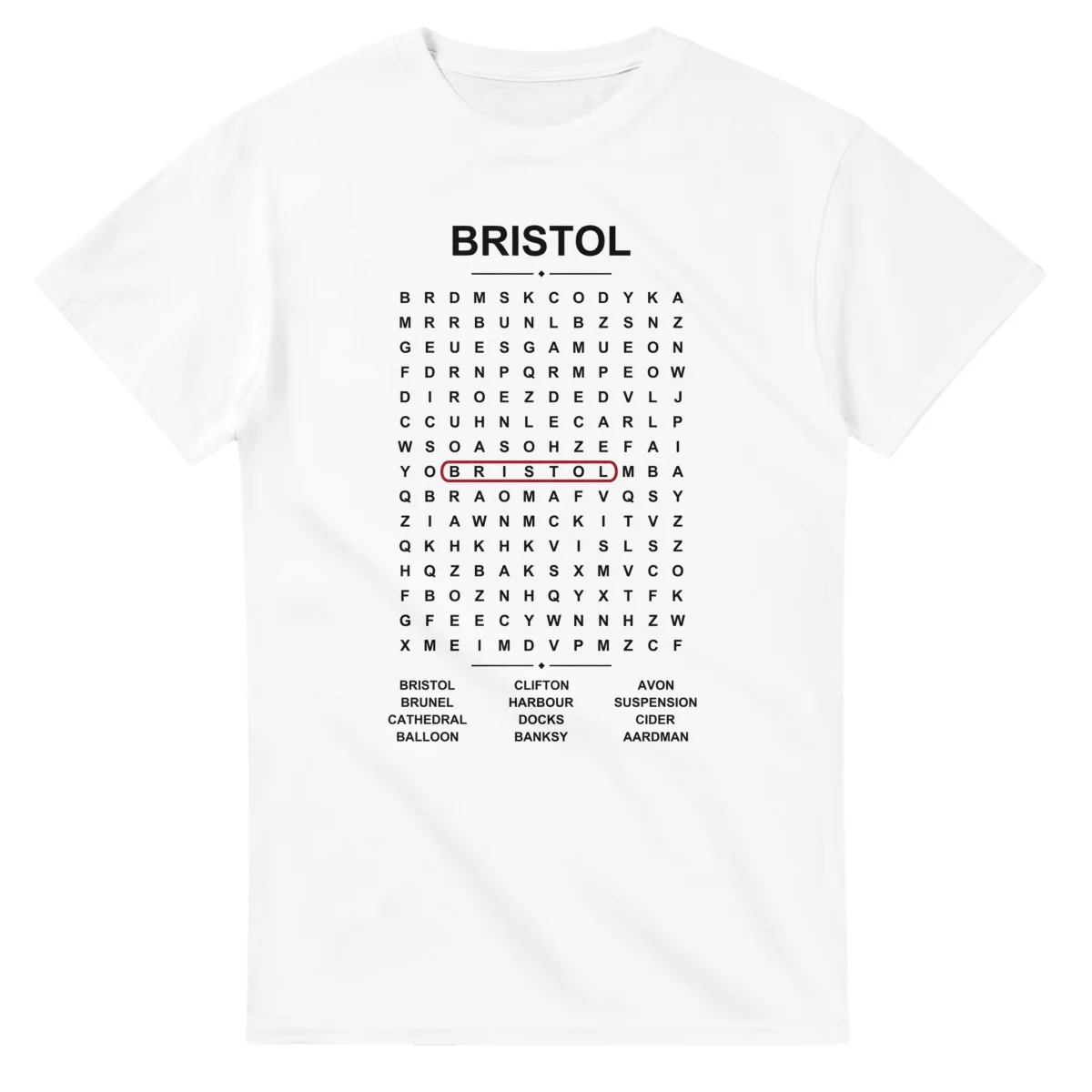 Word-search sheet for Bristol, with a large place-name heading, a letter grid, a local answer list, and a red highlighted example word.
