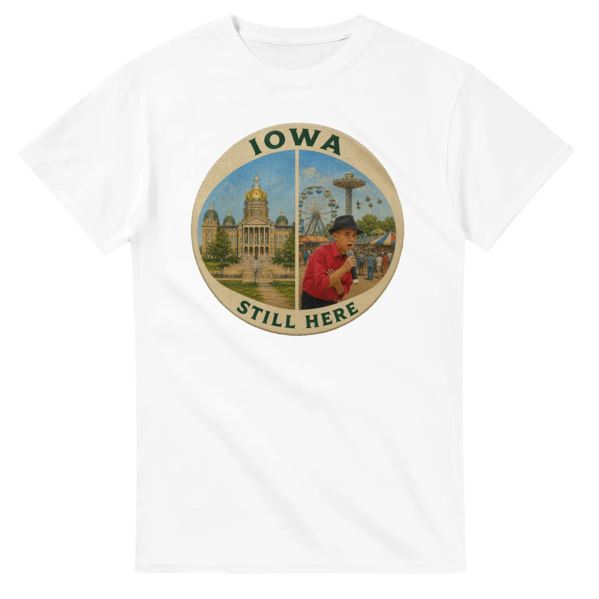 Painted, panelled scenic illustration for Iowa, with paired local scenes and the place name in lettering.