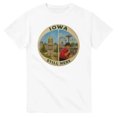 Painted, panelled scenic illustration for Iowa, with paired local scenes and the place name in lettering.