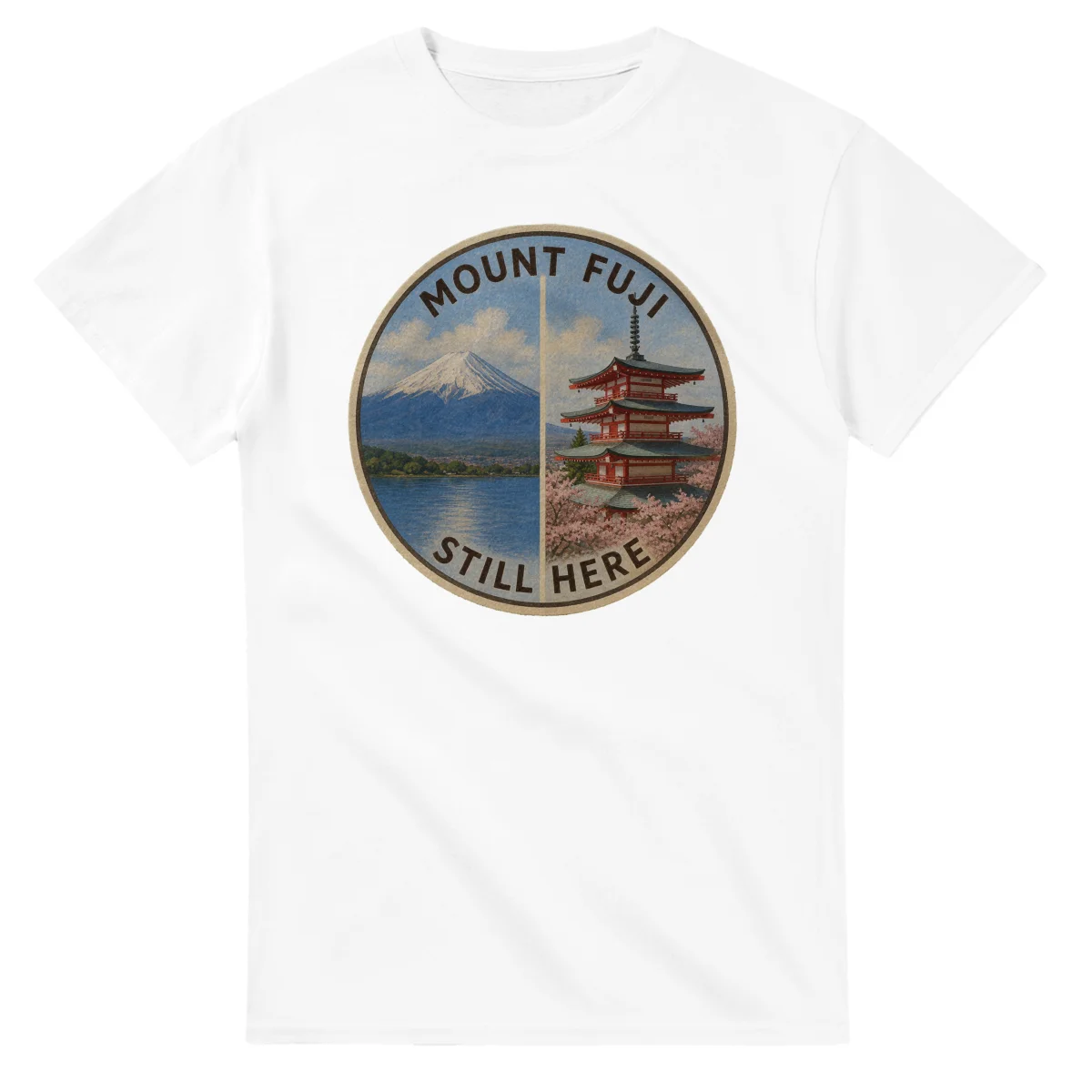 Painted, panelled scenic illustration for Mount Fuji, with paired local scenes and the place name in lettering.