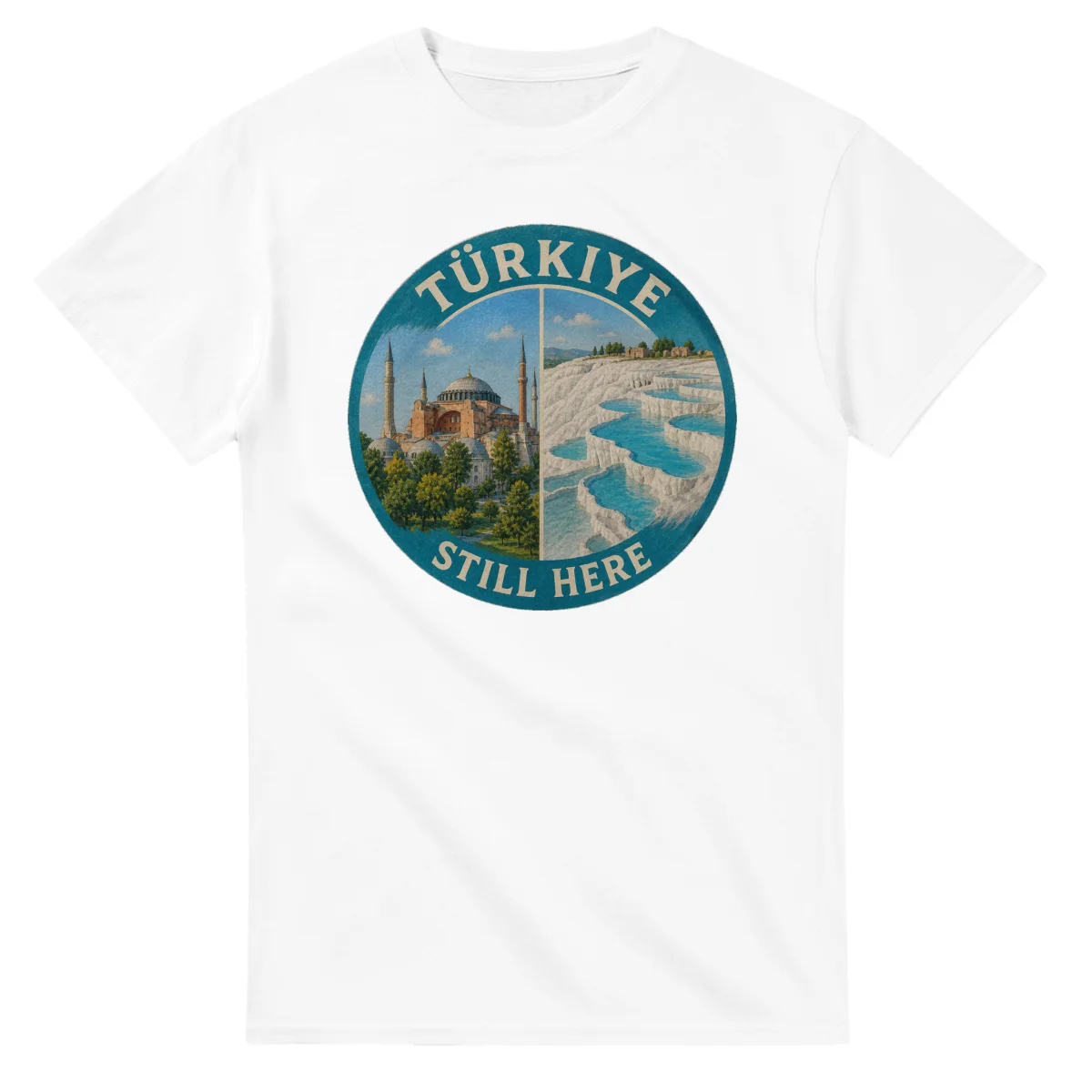 Painted, panelled scenic illustration for Türkiye, with paired local scenes and the place name in lettering.