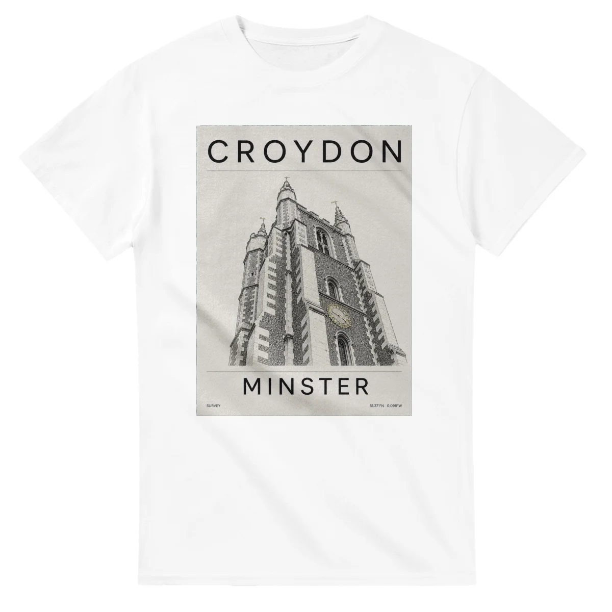 Fine-line engraving-style drawing for Croydon, with a landmark caption and small coordinate text.