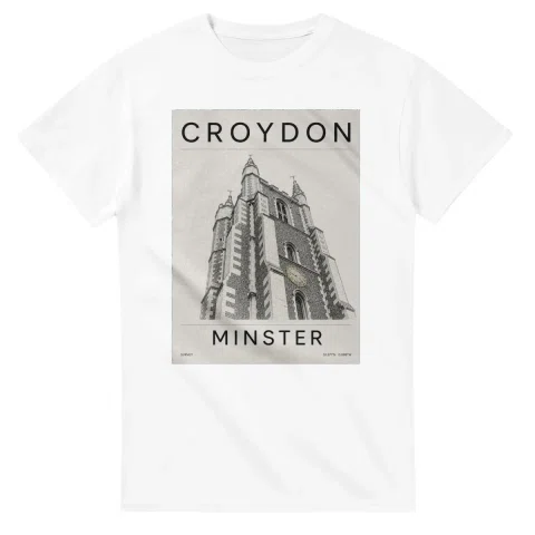 Fine-line engraving-style drawing for Croydon, with a landmark caption and small coordinate text.