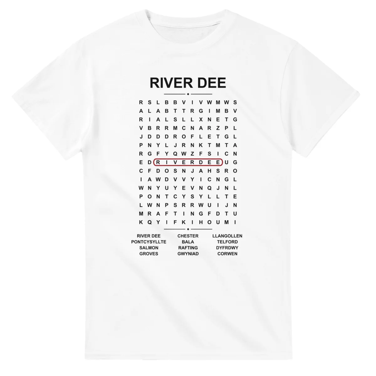 Word-search sheet for River Dee, with a large place-name heading, a letter grid, a local answer list, and a red highlighted example word.