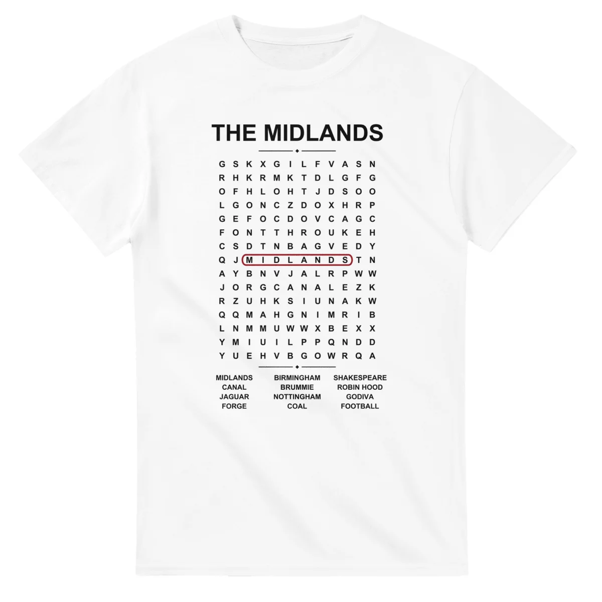 Word-search sheet for The Midlands, with a large place-name heading, a letter grid, a local answer list, and a red highlighted example word.