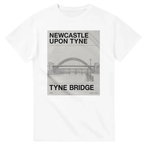 Fine-line engraving-style drawing for Newcastle upon Tyne, with a landmark caption and small coordinate text.