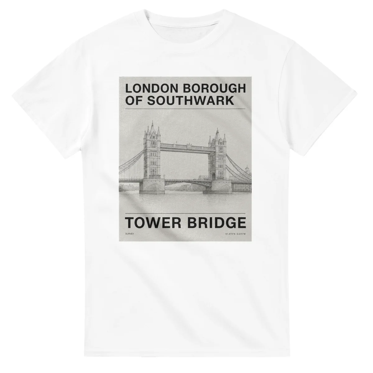 Fine-line engraving-style drawing for London Borough of Southwark, with a landmark caption and small coordinate text.