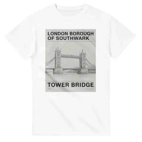 Fine-line engraving-style drawing for London Borough of Southwark, with a landmark caption and small coordinate text.