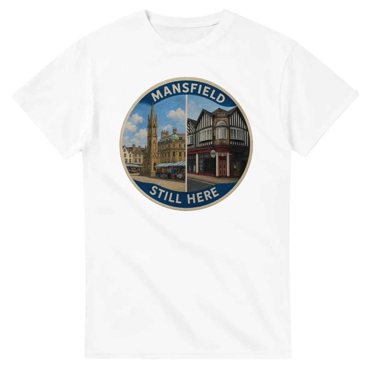 Painted, panelled scenic illustration for Mansfield, with paired local scenes and the place name in lettering.